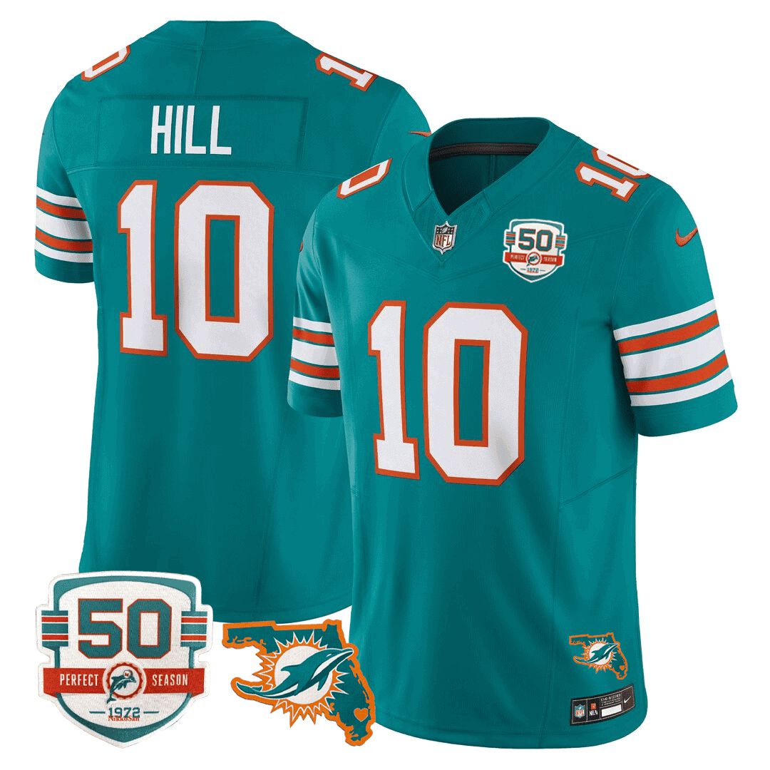 Men Miami Dolphins #10 Hill Green 2024 Nike Throwback 50th Perfect Season Florida Patch Vapor NFL Jersey
